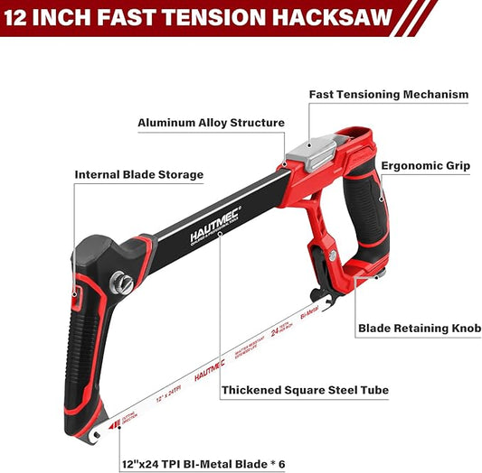 HAUTMEC 12" Fast High-Tension Hacksaw with 5 Extra Bi-Metal Blades, Heavy-Duty Aluminum Hack Saw with Ergonomic Non-Slip Handle, Quick-Change Tension, Blade Storage & Dual Cutting Angles - HTHSH25034