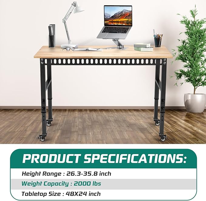 48 "Adjustable Wheels Workbench, Heavy Duty 2000 LBS Load Capacity Hardwood Workbench Suitable for Workshop, Office, Garage, Home (Metal Wheels訝쭼o Power Outlets 48"x24")