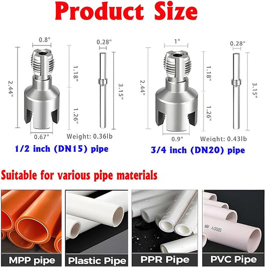 Pipe Threading Tool Kit with Internal & External Threader, 1/2"+ 3/4" Pipe Sizes Rethreading Tool,Pipe Thread Cutting Tool, Electric Drill Compatible PVC Pipe Threader Kit, Pipe Sizes Rethreading Tool