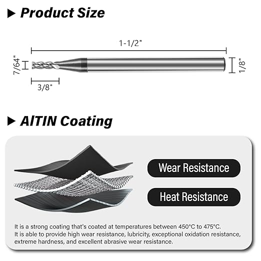 3PCS 7/64" Carbide Square End Mills Set 4 Flute AlTIN Coated CNC Milling Bits for Alloy Steels, Hardened Steels, Cast Iron