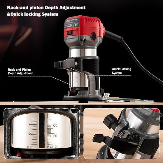 Router Tool, 6.5Amp 1.25HP Wood Routers for Woodworking, 13000-33000 RPM 6 Variable SpeedsHand Wood Tool Compact Edge Trimmer with 15 1/4" Router Bit Set (US7)