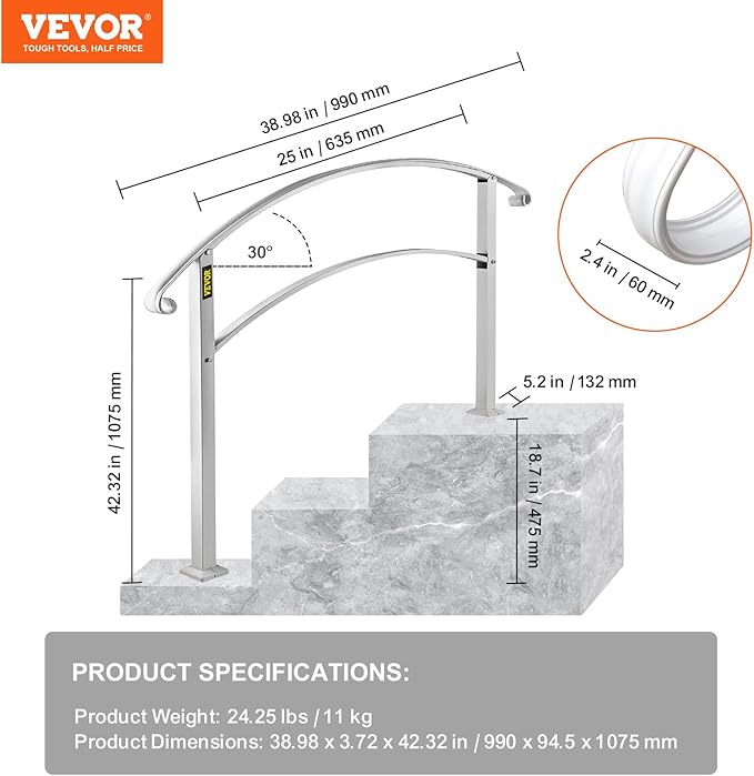 VEVOR Handrail for Outdoor Steps, 2-3 Steps White Arch#1, Adjustable Metal Staircase Railing, Thickened Stair Rails for Porch, Deck