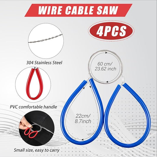4 Pcs Stainless Steel Cable Saw, Metal Wire Saw Hand Pocket String Emergency Survival Rope Cutting Tools PVC Pipe Cutting Tool for Wood Camping Hiking Hunting, 23.62 Inch(Red Black and Blue)
