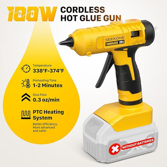 SEEKONE Hot Glue Gun, 100W Cordless Hot Glue Gun for Dewalt 20V Battery, Fast Preheating and Anti-drip Full Size Glue Gun with 20pcs Glue Sticks for Crafts, DIY Arts, Home Repairs (No Battery)