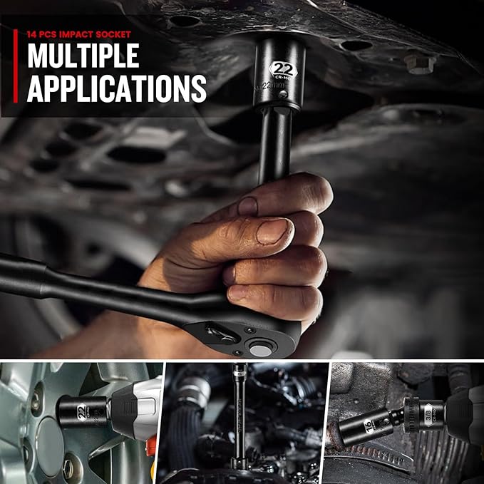 14-Piece 3/8" Drive Semi-Deep Impact socket set, Metric Size (8-22mm) 6-Point Socket Set, CR-MO Steel for Automotive & Industrial
