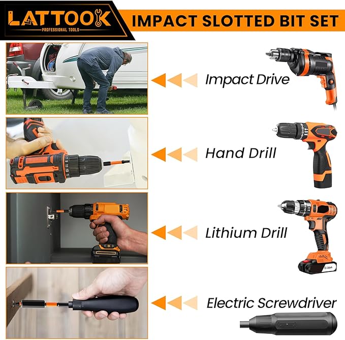 13-Pieces Impact Slotted Bit Set, LATTOOK 1/4'' Hex Shank Slotted Screwdriver Bit Set Flat Head Bits, Magnetic S2 Steel, 2.3'' & 1'' Long, SL2, SL2.5, SL3, SL4, SL5, SL6