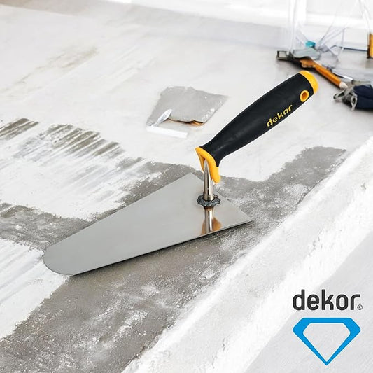DEKOR Plaster and Brick Trowel - Size 8" - German Stainless Steel Ensures Rust-Free Performance for Masonry Tools, Bricklaying, Plastering - Commercial and DIY Use - Made in Europe - Soft Grip