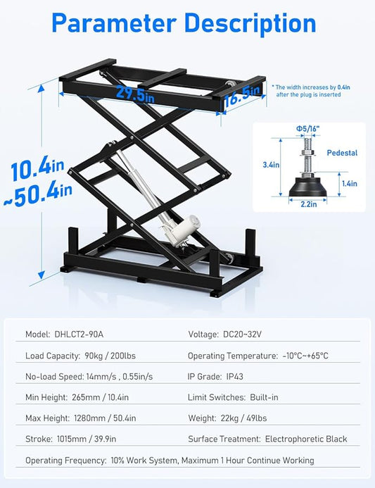 DIHOOL Electric Scissor Lift Table, 200Lbs, 10.43"-50.39" Height Adjustable Lifting Platform, Super Quiet with Remote & WiFi Control, Obstruction Detection, AC/DC Power for Home/Industrial Use