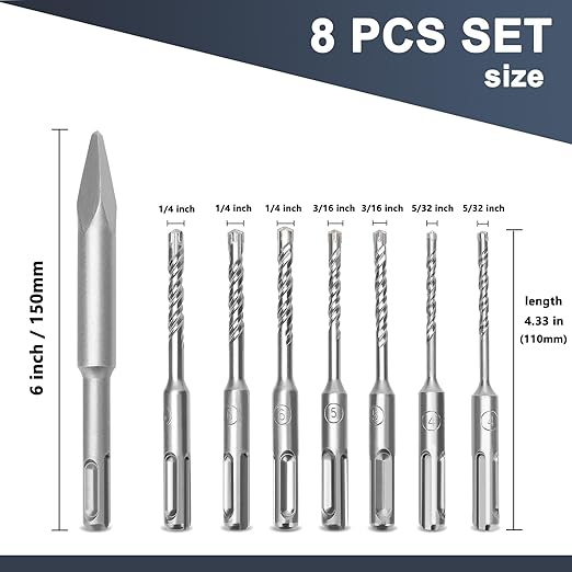 8Pcs 5/32 in 3/16 in 1/4 in SDS Plus Rotary Hammer Drill Bits and Chisel Set, 4.33 inch Length SDS Plus Masonry Drill Bits for Concrete, Brick, Cement,Masonry Work,Length 4.33 inch