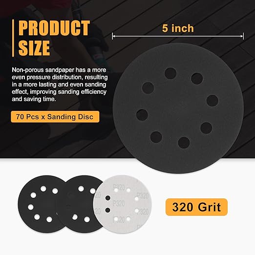 70 Pcs 5 Inch Sanding Disc 320 Grit 8 Hole Round Hook and Loop Sandpapers for Metal Wood Automotive Boat Building Grinding and Polishing, Black
