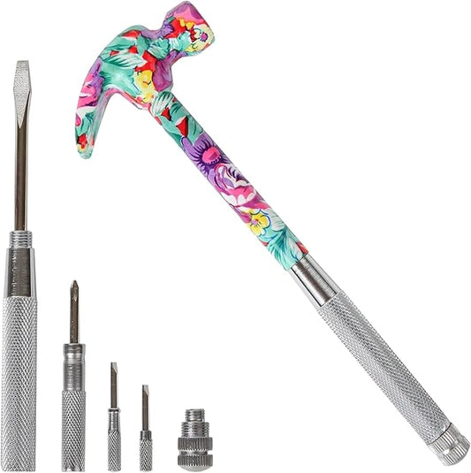 Home-X 6-in-1 Floral Hammer – Multifunctional Hammer with Screwdrivers Inside | Includes Slotted Flat Head, Phillips, Flat Head 2, and Hammer Cup | Portable Mini Hammer Tool (Pink)