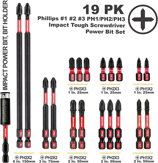 Impact Tough Phillips Bits PH1/PH2/PH3 Insert Driver Bits,19Pack Bulk Phillips Screwdriver Bits Set with 1Pcs Impact Bit Holder