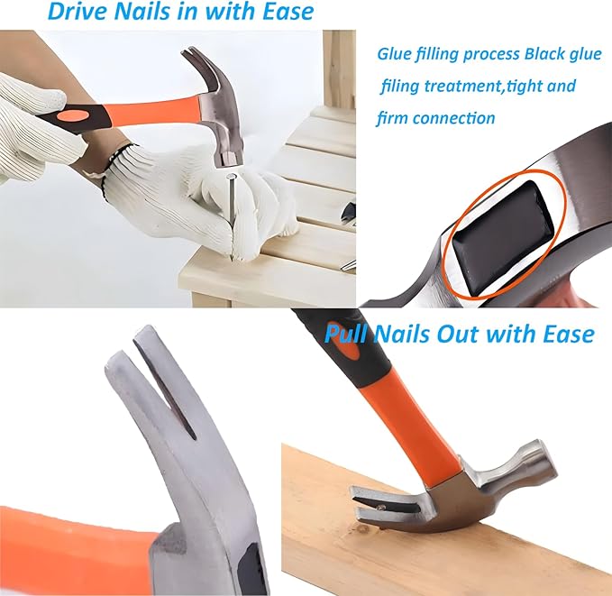 3 PCS 16oz Claw Hammer with Fiberglass Handle,Carbon Steel Nailing Hammer,Framing Hammer with Rip Claw,Anti-Vibration Grip