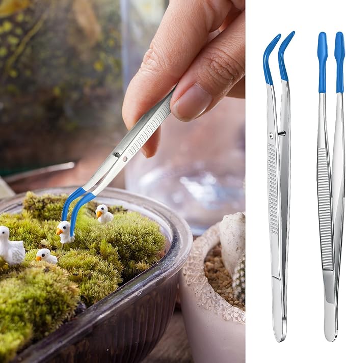 2 Piece Tweezers with Rubber Tips Set - Bent and Straight Flat Tips Tweezers PVC Coated for Stamp Coins Jewelry Crafts, Electronics(Silver, Blue)