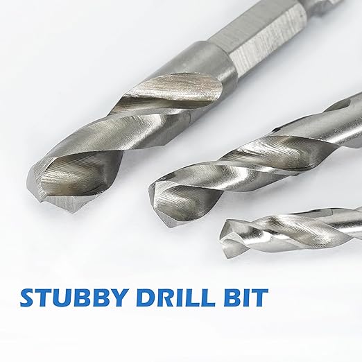 Stubby Drill Bit Set for Metal,6 pcs 1/4" Hex Shank M2 HSS for Quick Change,Short Drill Bits for Right Angle Adapter and Tight Spaces,Metal Drill Bit Set for Steel, Wood, Plastic, etc.