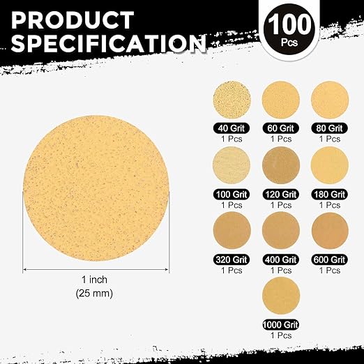 10 Pcs Sanding Discs 1 Inch 40/60/80/120/180/240/320/400/600/1000 Grit Hook and Loop Orbital Sandpaper Suitable for Drywall Sander Wood Metal Furniture, Yellow