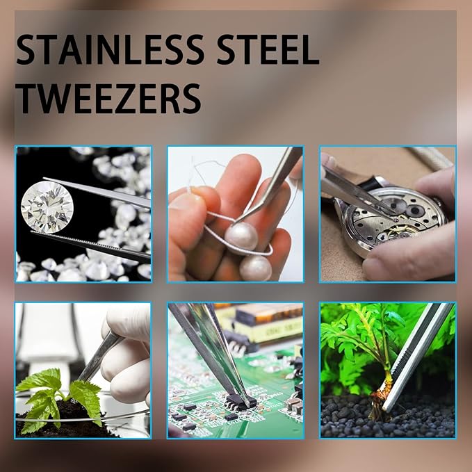 4Pcs 8 Inch Stainless Steel Tweezers, Long Tweezers with Precision Serrated Straight Tips, Non-slip Multitool Tweezer for Cooking, Repairing, Medical, Garden