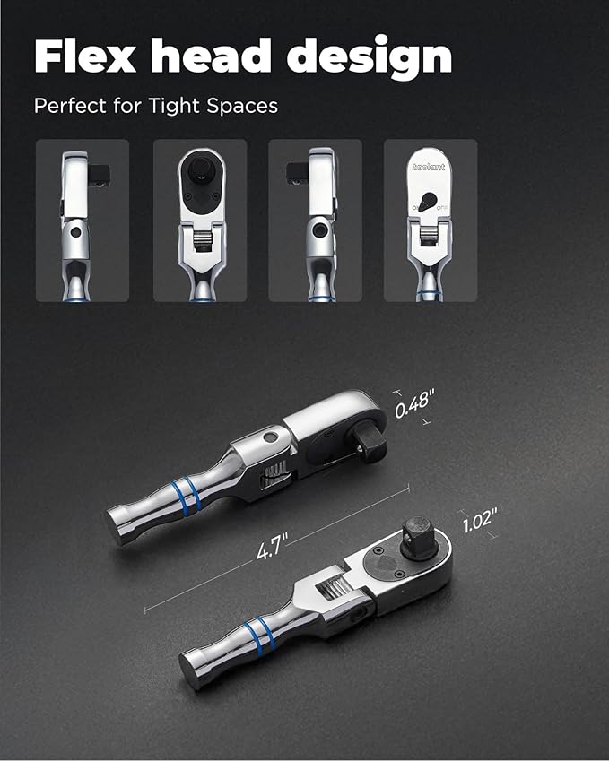 toolant Stubby 3/8" Drive Flex Head Ratchet, 90 Tooth Compact Flex Head Socket Ratchet Wrench, 4.7 Inch Length