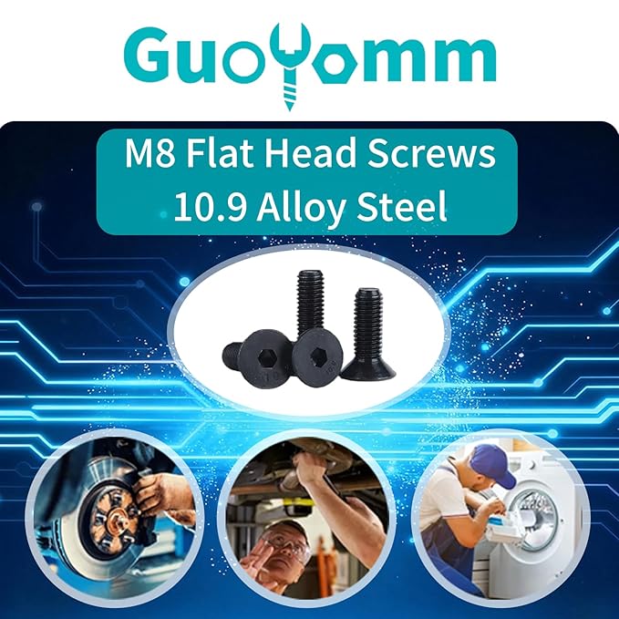 M8-1.25 x 70mm 10PCS Flat Head Hex Socket Cap Screws, Countersunk Bolts, 10.9 Grade Alloy Steel, Black Oxide Finish, Metric Allen Drive, Fully Threaded