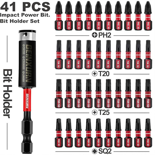 Impact Tough Phillips Square Torx 1 in. Insert Driver Bits, 41Pack T20/T25/PH2/SQ2 Screwdriver Power Bits Set with 1Pcs Impact Bit Holder