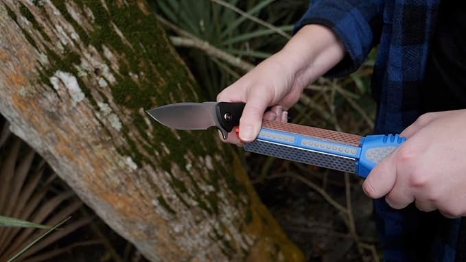 DMT Tristone Rotator Kitchen Knife Sharpener, Fine/Coarse/Extra-Fine Diamond Sharpening Stones, 15, 20 & 22째 Angle Guides, Hunting Knife Sharpener with Non-Slip Handle, 8.75" L x 1.75" W x 1.5" H