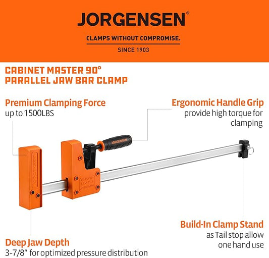 JORGENSEN 24-inch Bar Clamps, 90째Cabinet Master Parallel Jaw Bar Clamp Set, 2-pack