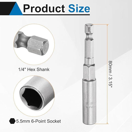 HARFINGTON 2pcs Nut Driver Drill Bit 5.5mm Metric Socket 1/4" Hex Shank 3.15" (80mm) Long 6-Point Sockets Quick Change CR-V Steel Bolt Setters for Power Drill Drivers