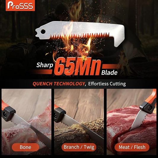 Hunting Bone Saw with Replaceable Blade, 65Mn Hardened Steel 4" Saw for Meat & Bone, Ergonomic Non-Slip Handle with Sheath & Extra Blade for Camping, Hiking, Outdoor Processing