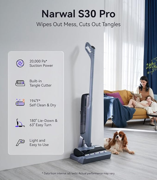 NARWAL S30 Pro Wet Dry Vacuum Cleaner with 20000Pa Suction, Cordless Vacuum Mop for Hard Floors, Tangle-Free Hair-Cutting, 180째 Lie Flat, 194째F Self-Cleaning, Disposable Waste Bag, Edge Cleaning
