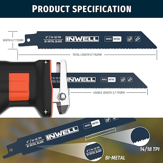 Reciprocating Saw Blades Set, 6 Inch 14/18TPI Blades for Metal Pipe, Angle Steel & Rebar Cutting, Pack of 8