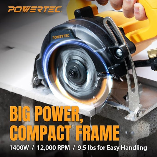 POWERTEC HTS1045C 4.5" Handheld Tile Saw w/ 1 Extra Blade – 12Amp/1400W Motor, Wet/Dry Cutting with Adjustable Water Feed System, GFCI Plug, Bevel & Depth Adjustment, Compatible 4"-4.5" Diamond Blades