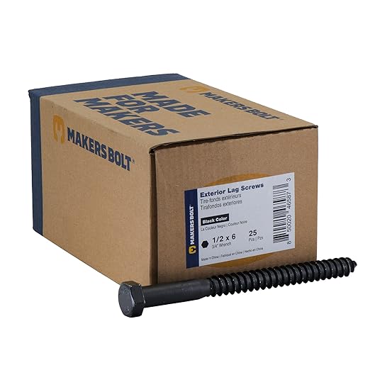 1/2" x 6?? 25-Piece Black Lag Bolts, Rustproof 4-Layer Ceramic BLAKOTE, 2X Protection of Galvanized Lag Screws, for Decks Pergolas by Makers Bolt