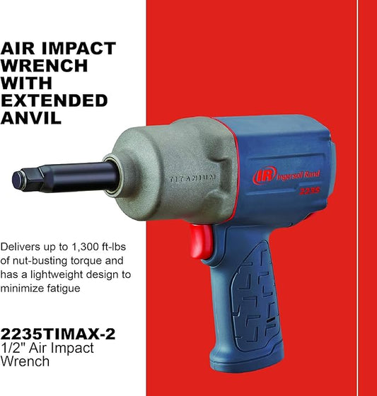 Ingersoll Rand 2235TIMAX-2 1/2" Air Impact Wrench, 2" Ext Anvil, 1350 ft-lb Torque, Titanium Hammercase, Friction Ring Retainer, Pistol