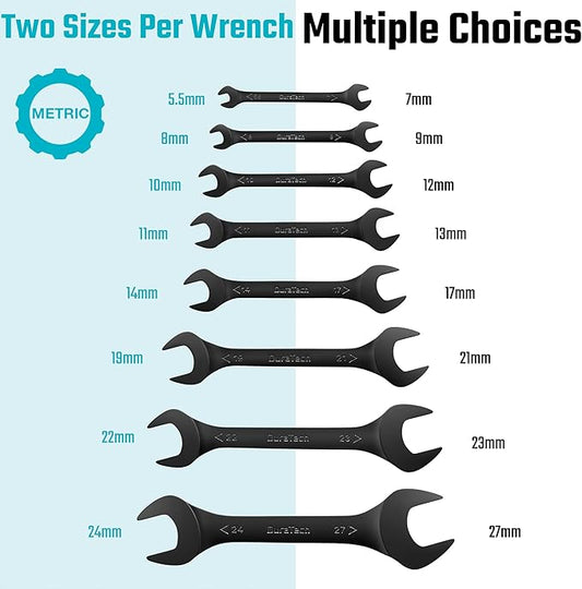 DURATECH Super-Thin Open End Wrench Set, Metric, 8-Piece, 5.5mm to 27mm, Black Electrophoretic Coating, with Rolling Pouch