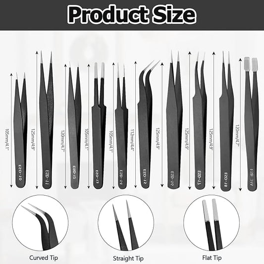 10 PCS Precision ESD Tweezers Set - Anti-Static Stainless Steel Tools Kit for Electronics, Jewelry Repair, Soldering, and Crafting Projects