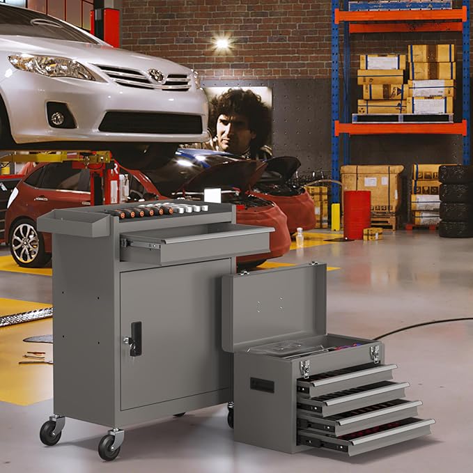 5-Drawers Tool Chest, 2-in-1 Rolling Tool Box with Wheels and Drawers, Detachable Storage Toolbox with Lock, Heavy-Duty Metal Tool Cart for Garage, Workshop (Gray)