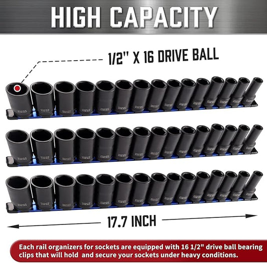 ALOANES 3-Piece 1/2-Inch Drive Aluminum Alloy Socket Organizer, Heavy Duty Socket Racks, Socket Holder Kit for Toolbox Drawer Fit 1/2-Inch x 48 Clips (Blue)