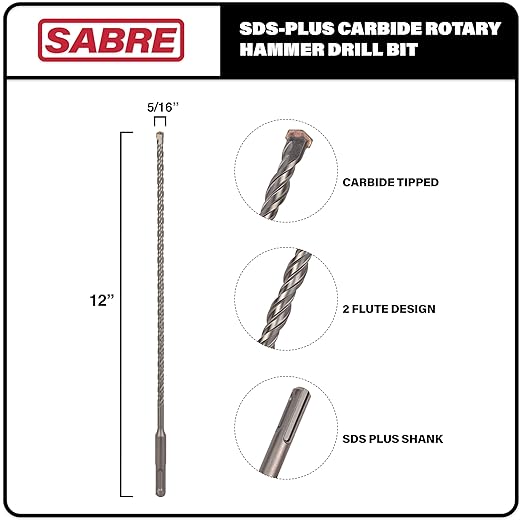 5/16 Inch x 12 Inch SDS Plus Rotary Hammer Drill Bit, Carbide Tipped for Brick, Stone, and Concrete (5/16" x 10" x 12")
