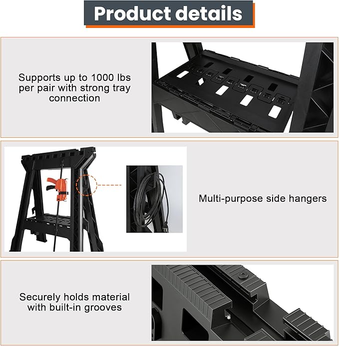 ZYJOYY Clamping Sawhorses 2 Pack Folding, Portable Heavy Duty Sawhorse with 1000 lbs Weight Capacity Total,Built-in Tool Tray and Cord Hooks