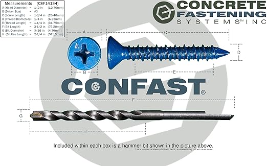 CONFAST 1/4" x 1-3/4" Blue Flat Phillips Concrete Screw Anchor with Drill Bit for Anchoring to Masonry, Block or Brick (100 per Box)