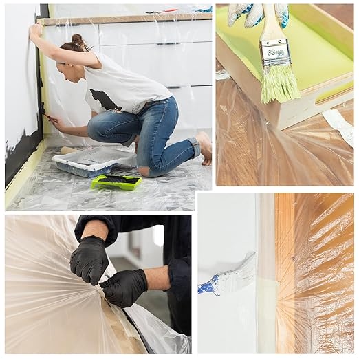 4 Rolls Painters Plastic with Tape, 8.9Ft x 89Ft Pre-Taped Masking Paper for Painting Automotive Masking Film Paint Adhesive Protective Film Roll for Painting Covering Walls Windows Auto Body