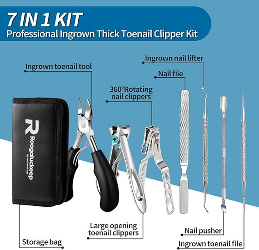 Professional Ingrown Toenail Tools 7-Piece Set ??360째 Rotating Nail Clipper, Toenail Lifter & Wide Opening Nipper | Podiatrist-Recommended Foot Care Kit for Thick & Ingrown Nails