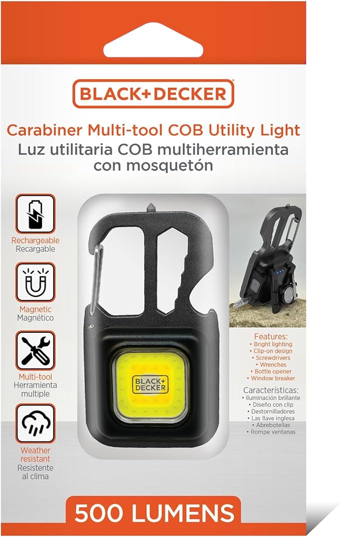 BLACK+DECKER Multi-Tool Flashlight 2-Pack, 500LM Carabiner USB Rechargeable Multitool with Wrench, Screwdrivers, Bottle Opener, Glass Breaker, Magnetic, Stand, IP44 Weather-Resistant, 7 Light Modes