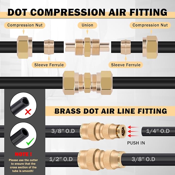 CheeMuii 124 PCS Brass DOT Air Line Fittings with 4 Roll 50FT 1/8" 1/4" 3/8" 1/2" DOT Air Lines Kit Push Lock Air Fitting Quick Connect Air Fittings with Air Hose Pneumatic Tubing