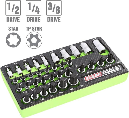 OEMTOOLS 23991 35 Piece Multi-Drive Star Socket Set, Torx Socket Set with EVA Foam Tray, Designed to Fit in Cabinets and Tool Boxes, Easy Identification