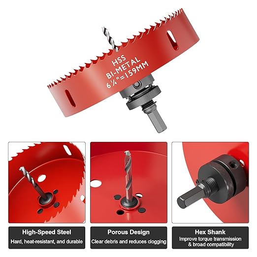 6.25" (159mm) Bi-Metal M42 High Speed Steel Hole Saw with Pilot Drill Bit, Smooth Cutting Edge for PVC, Drywall, Wood, Plastic, Gypsum Board, Rubber, Thin Metal