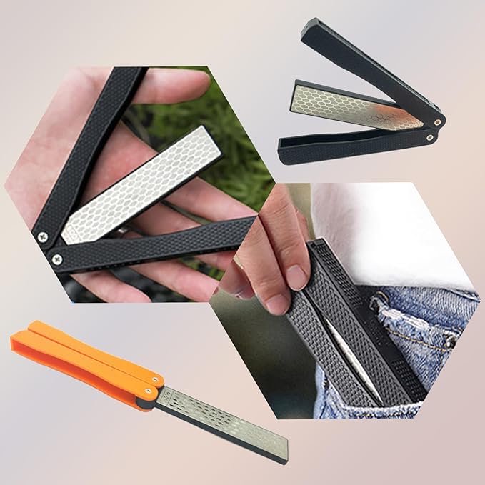 Knife Sharpener ??Orange/Black Pocket Portable Diamond Sharpening Stone, Two-sided 400/600 Grit, Folding Design for Outdoor and Home Use, Comes with a Blue Diamond Polishing Rod (Orange)