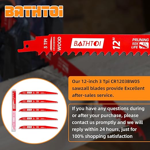 5 Pack 12 Inch 3 Tpi Carbide Reciprocating Saw Blades for Wood Cutting and Tree Trimming, Pruning Sawzall Blades with Carbide Tipped Teeth for Longer Life and Faster Cutting Speed