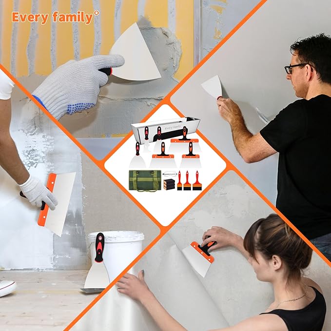 Drywall Knife Set, Putty knife,15 Piece Paint Scraper Tool Set,14" Mud Pan for Repairing Drywall, Removing Wallpaper, Plaster, Adhesive, Cement, Applying Putty