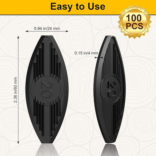 100 Pcs Plastic Biscuit Joiners, Self-Clamping Plate Joiner Clips, Black Biscuit Joiner Connectors for Woodworking, Composite Decking, Door Frames & Furniture Assembly